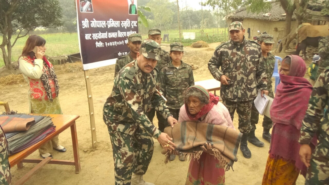 On behalf of the Gopal-Pramila Trust, Brig Gen Sanjay Singh Bhandari, Brig Cdr of No 28 brigade, distributed one hundred sixty four blankets, costing approximately NPR 82, 000, to the needy families of Purenawa Dhangar-8 and Badaharba of Rautahat district on the basis of one house one blanket. 